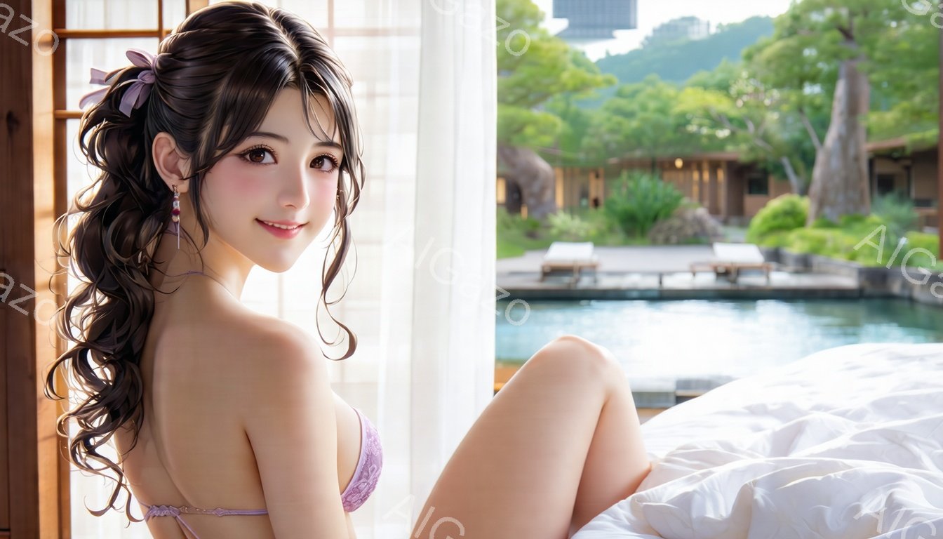 長い巻き髪にピンクのリボンをつけた女性が、薄紫色のレースのブラレットを着て、白いベッドの上に座ってこちらを見ている。彼女は微笑んでおり、リラックスした表情で、背景にはプールと緑豊かな自然が広がっている。全体的に、穏やかで華やかな雰囲気が漂っている。