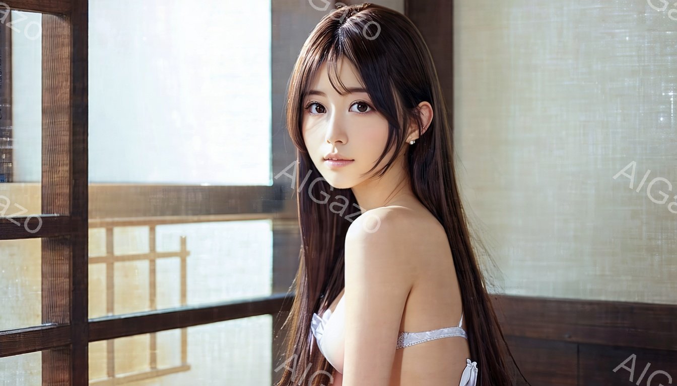 長い黒髪をなびかせた女性が、オフショルダーの白いトップスを着て、カメラの方を振り返っている。彼女の表情は穏やかで、少し微笑んでいるように見える。背景には木製の格子模様の窓があり、日本の伝統的な家屋の一部のような雰囲気である。