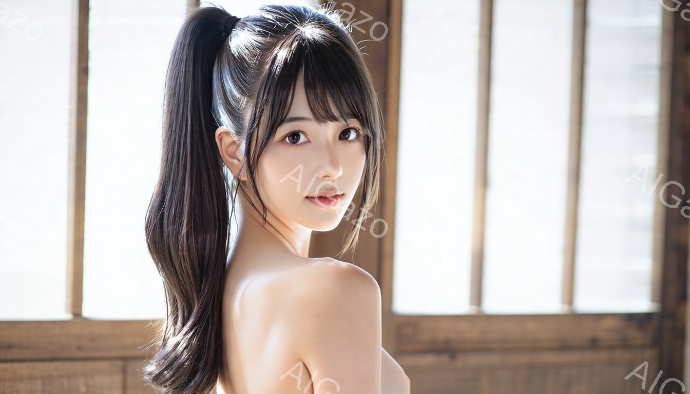 長い黒髪を高い位置で一つに結び、肩から背中にかけて滑らかな肌が露わになった女性が写っている。彼女はカメラを見つめ、わずかに微笑んでいる様子で、リラックスした姿勢である。背景には木製の格子状の窓があり、柔らかい光が差し込み、全体的に穏やかで柔らかな雰囲気を醸し出している。