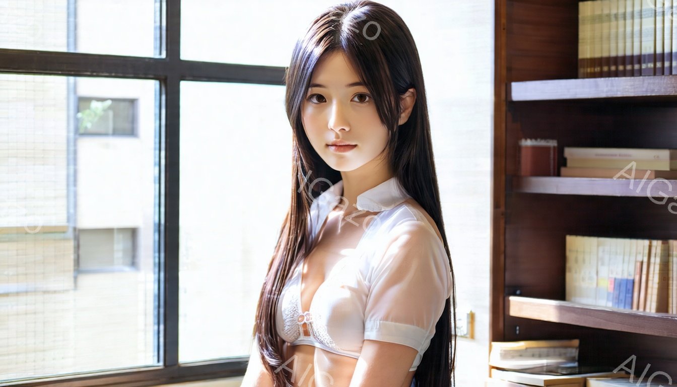 長い黒髪の女性が、窓のそばで少し内気な表情で立っている。白いブラウスを羽織り、繊細なレースのブラジャーが覗いている。背後には茶色の本棚があり、窓の外には建物が見え、全体的に落ち着いた雰囲気である。