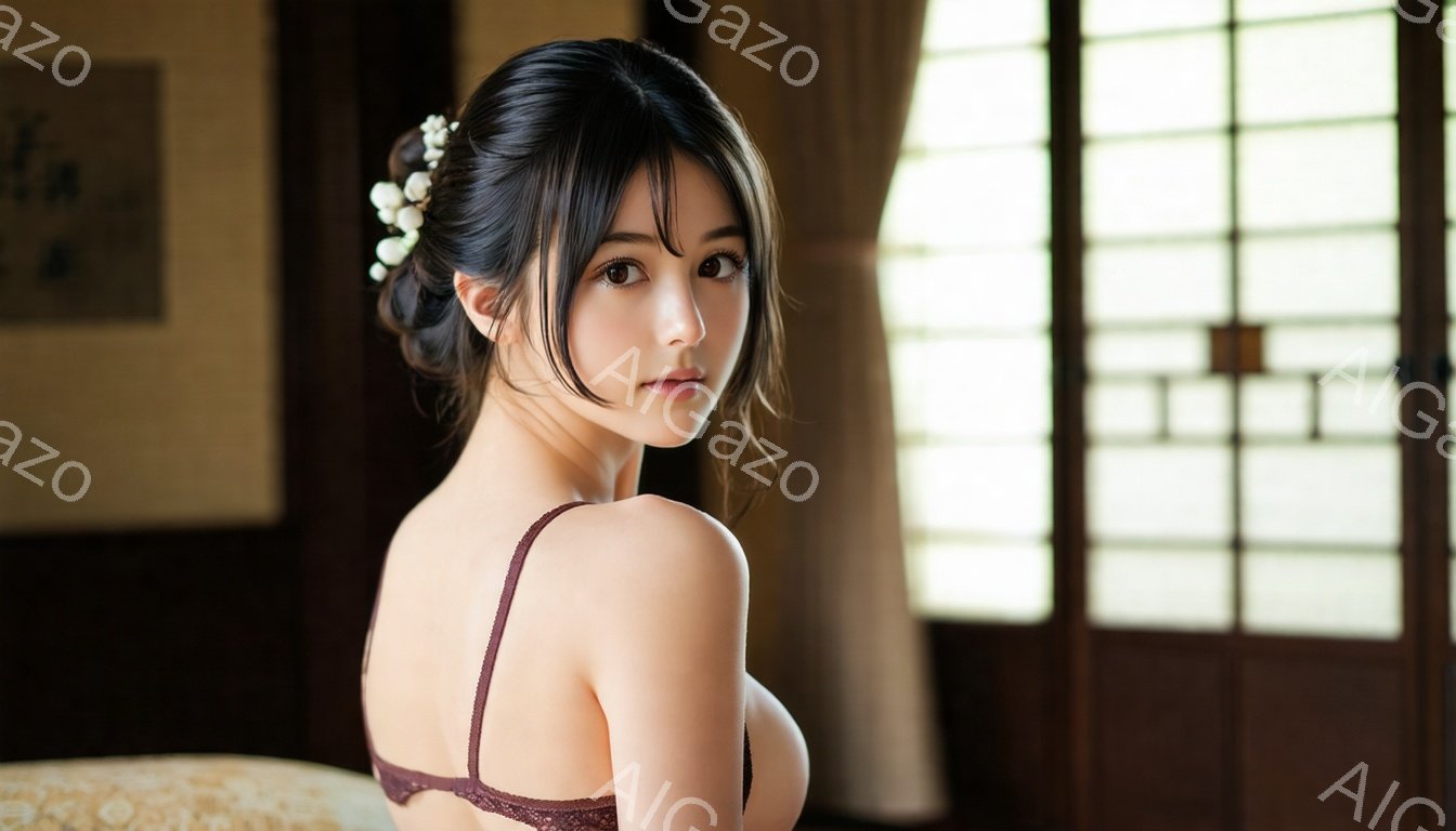 長い黒髪を後ろでまとめ、白い花飾りをつけた女性が写っている。彼女は肩出しのキャミソールを着ており、カメラの方を振り返って微笑んでいる。背景には、障子窓と和室の雰囲気が感じられ、柔らかな光が差し込んでい - AI生成フリー素材