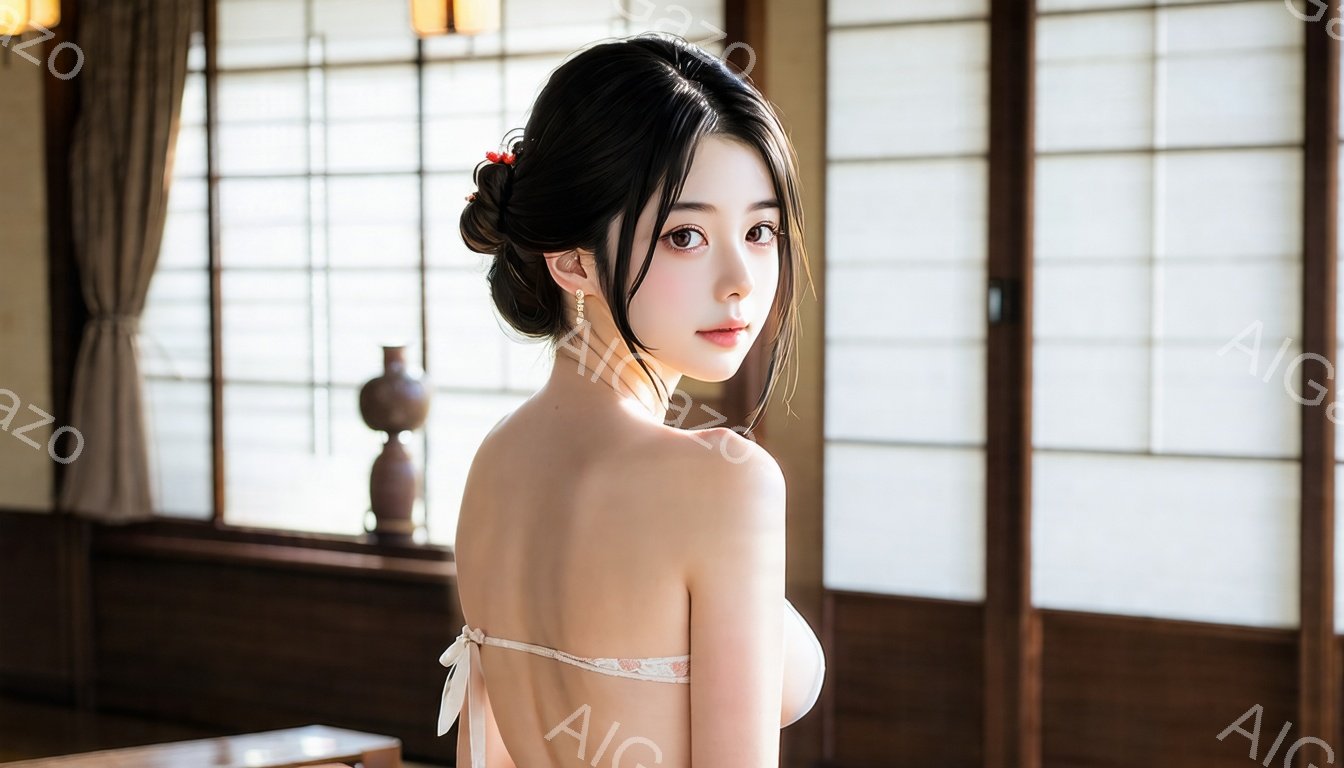 黒髪を後ろでまとめた女性が、背中を露わにした白いキャミソールを着ています。彼女は少し振り返り、微笑みを浮かべた穏やかな表情で、窓の外を見つめています。背景には、畳と障子のある伝統的な和室、そして柔らか - AI生成フリー素材