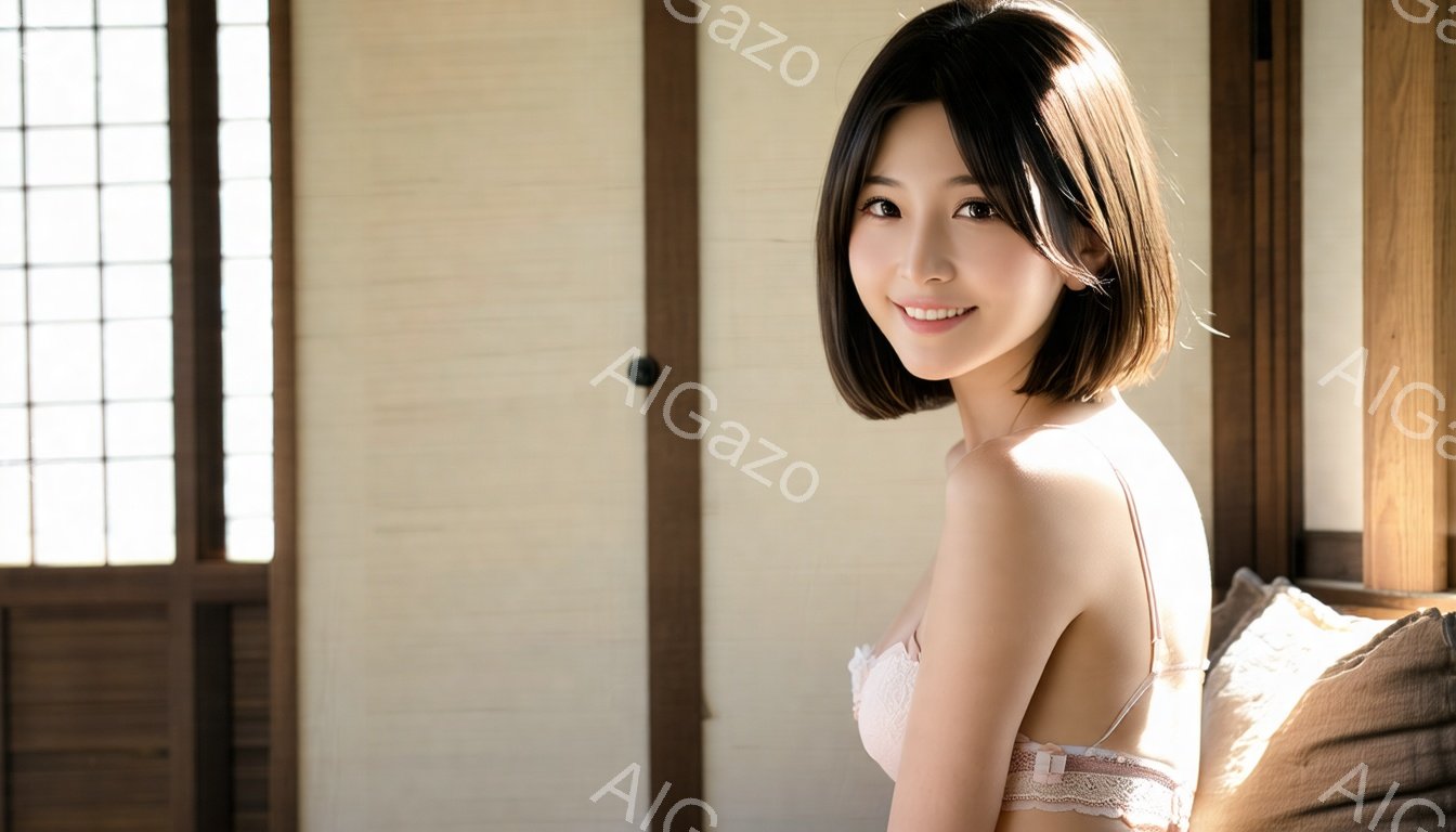 明るい自然光の中で、短い茶色の髪をした若い女性が写っています。彼女は淡いピンク色のレースのブラレットを着ており、優しく微笑んでいます。背景には木製の障子戸とクッションがあり、落ち着いた温かい雰囲気です。
