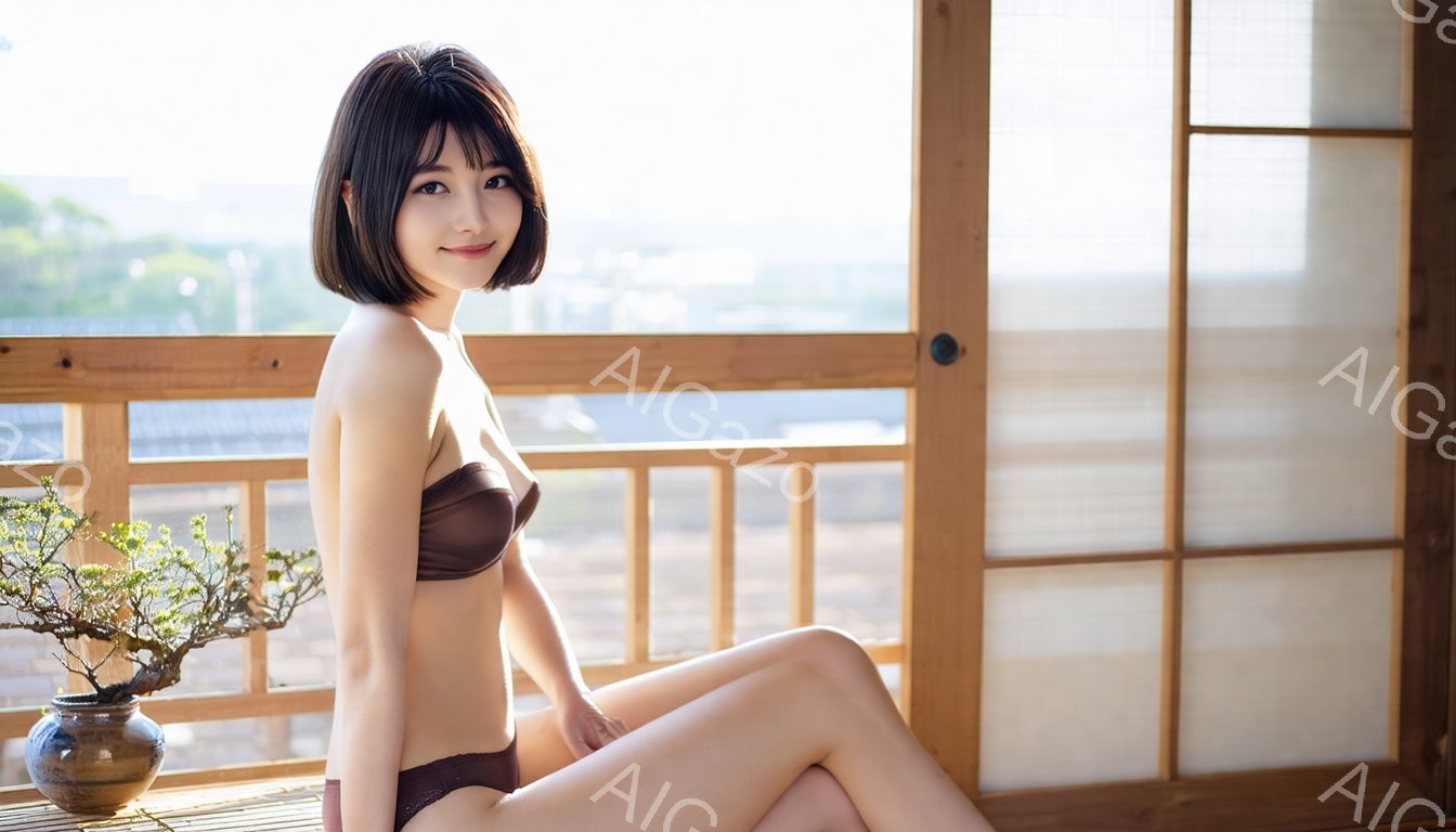 短い黒髪の女性が、茶色のランジェリー姿で畳の縁に座っています。彼女は少し微笑んでおり、リラックスした表情をしています。背景には障子と、ぼやけた緑の風景が見え、穏やかで静かな雰囲気を醸し出しています。