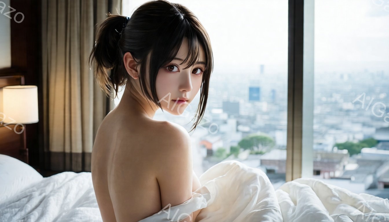 長い黒髪をハーフアップにし、肩を露出した女性がベッドに横たわっています。彼女はカメラに向かって振り返り、少し憂いを帯びた表情をしています。背景には高層ビル群が広がり、晴れた日の都会の風景が広がっています。