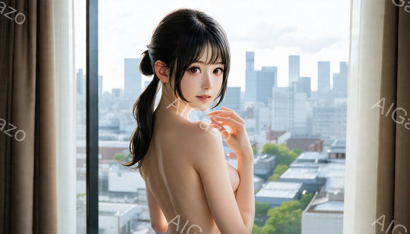 長い黒髪をポニーテールにした若い女性が、背中を少しさらして窓辺に立っている。彼女はわずかに体をひねり、片手を肩に当ててカメラを見つめる表情は、自信に満ちている。窓の外には高層ビル群が広がり、晴れた空と - AI生成フリー素材