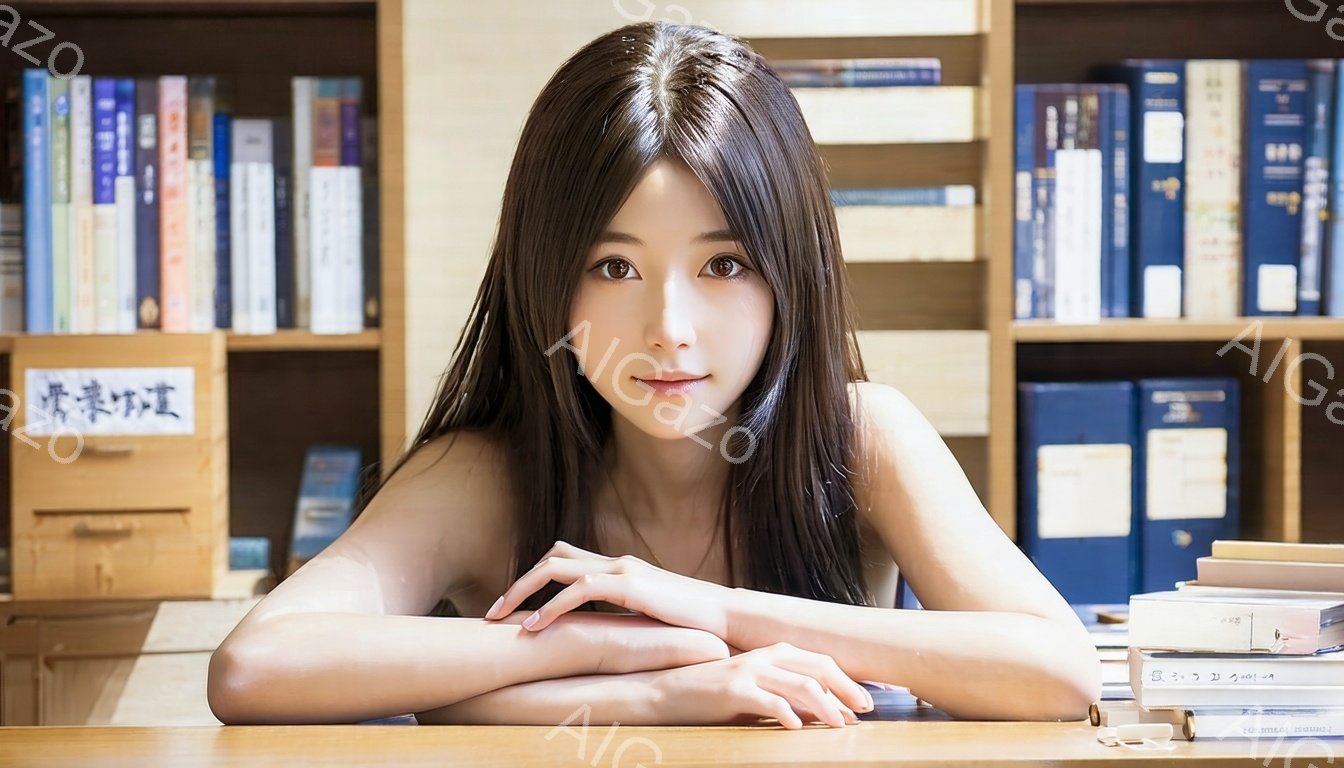 長い黒髪を無造作に垂らし、控えめな微笑みを浮かべた若い女性が写っている。肘をテーブルに置き、腕を組んでリラックスした姿勢を見せている。背景には、様々な色の本棚が並び、木製のテーブルの上にいくつかの書籍が置かれている、落ち着いた雰囲気の室内である。