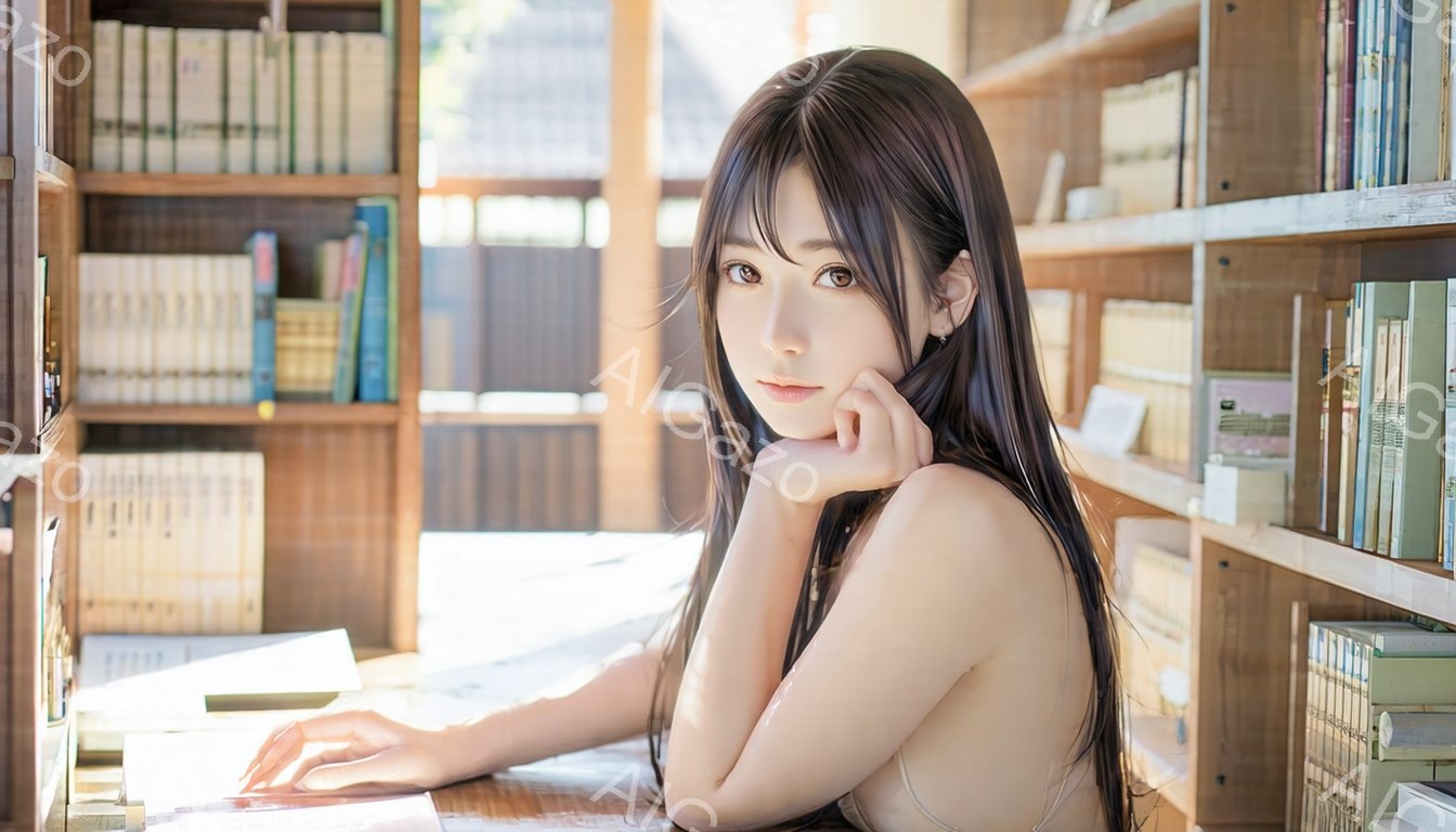 長い黒髪で、前髪が眉毛にかかるように流された女性が写っています。彼女は肩を露出しており、片方の手で頬を支え、穏やかな表情でカメラを見つめています。背景には、古書が並んだ本棚と、ぼんやりと見える木造の建物が見え、静かで落ち着いた雰囲気です。