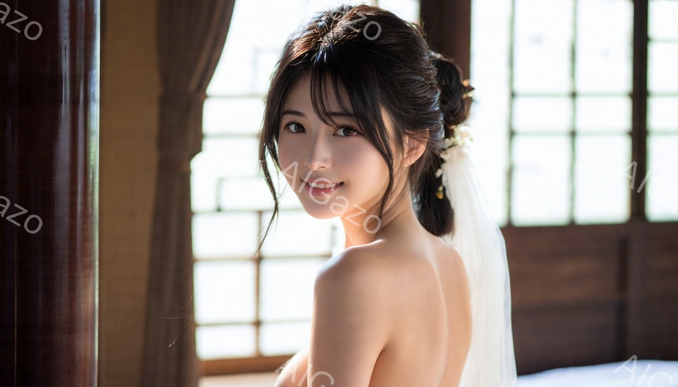 ウェディングドレスのベールを頭に乗せた若い女性が写っている。彼女は肩を露出し、優雅な微笑みを浮かべ、カメラの方を振り返っている。背景には、伝統的な和風の格子窓が見え、柔らかい光が差し込んでいる。