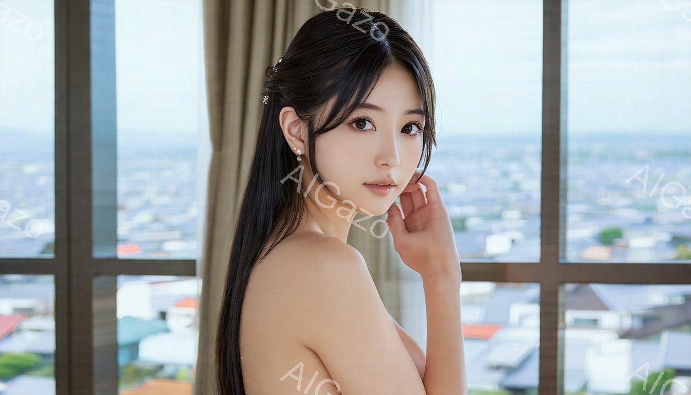 長い黒髪を後ろでまとめ、顔周りに毛が残ったヘアスタイルをした若い女性が写っている。彼女は肩を出し、片手を顎に当てて、窓の外を見つめ、穏やかな微笑みを浮かべている。背景には、窓から見える都市の景色が広がり、晴天で緑豊かな自然が見える。