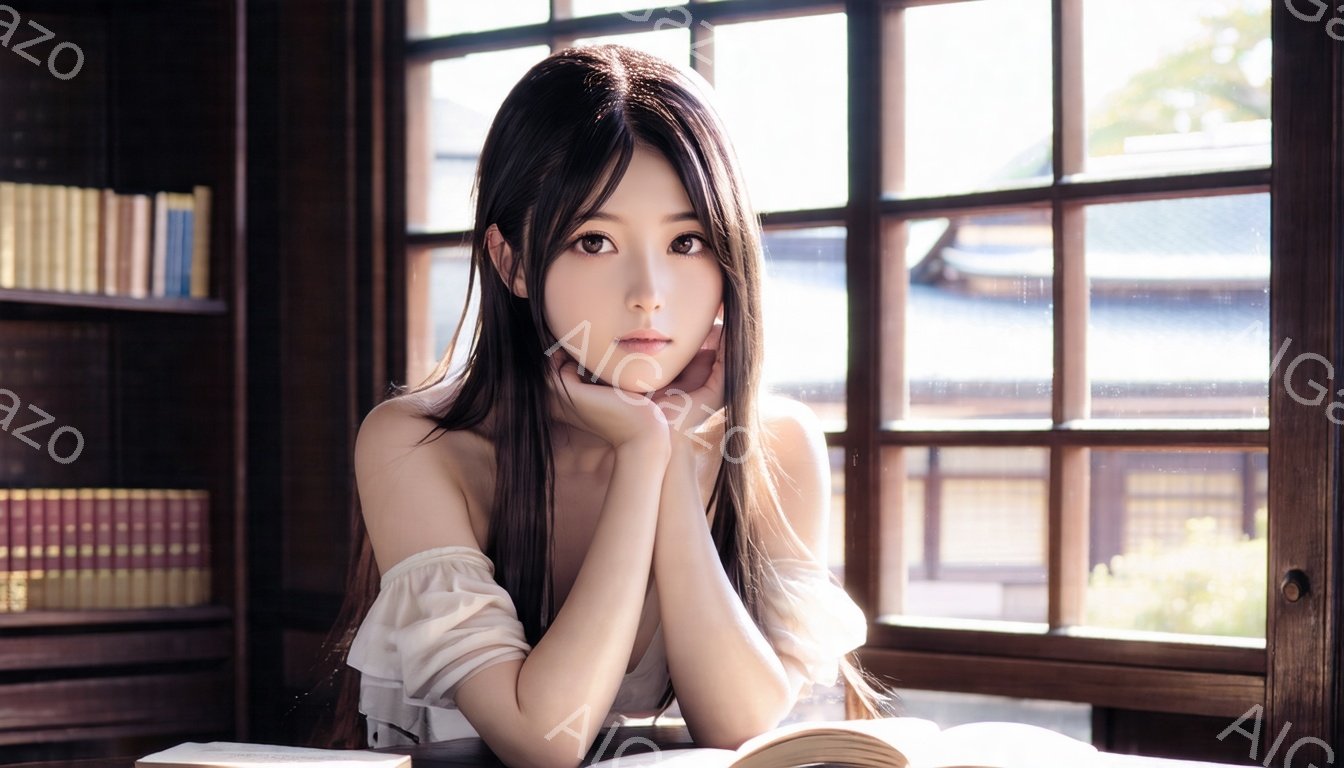 長い黒髪を耳にかける若い女性が、顎を支えながら正面を見つめている。オフホワイトのフリル付きブラウスを着ており、アンティーク調の木製の本棚と庭が見える窓辺に座っている。全体的に暖かく、落ち着いた雰囲気で、どこか憂いを帯びた表情が印象的だ。