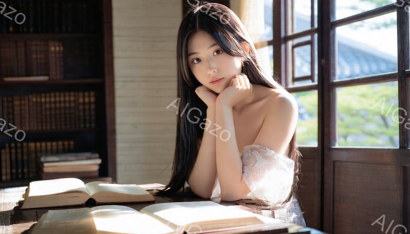 長い黒髪を肩の周りに垂らし、白いレースのオフショルダーのドレスを着た若い女性が描かれています。彼女は顎を支え、穏やかな微笑みを浮かべ、開かれた古書が置かれた木の机に肘をついています。背景には、本棚と窓から見える緑豊かな庭があり、暖かく、落ち着いた雰囲気を作り出しています。