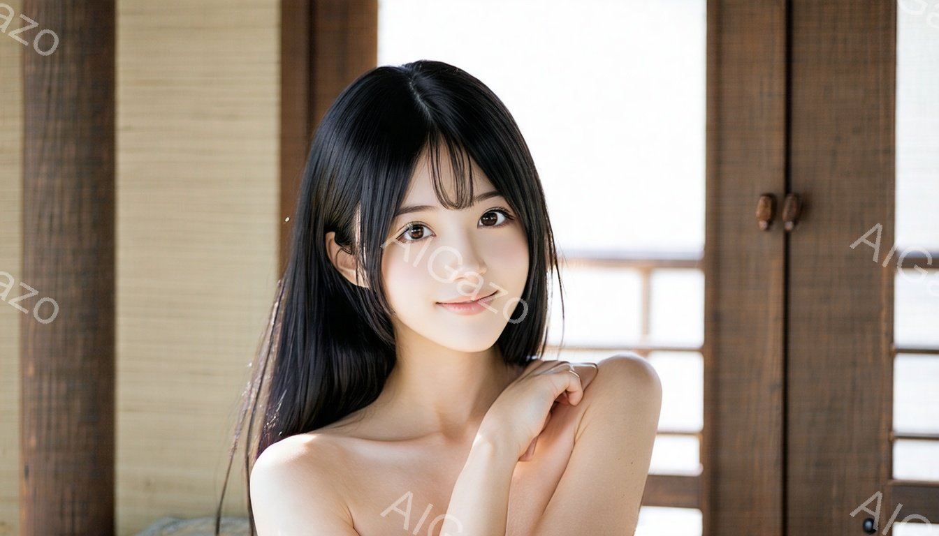 黒髪で長いストレートヘアの若い女性が、肩を抱きかかえ、穏やかな微笑みを浮かべてカメラを見つめています。上半身に何も着ておらず、背景には木製の障子のようなものが写っています。全体的に、柔らかく、自然光に包まれた、静かで落ち着いた雰囲気です。