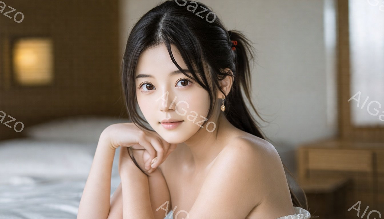 長い黒髪を後ろで一つに結び、赤いリボンで飾られた女性が写っています。彼女は白いベッドに肘をつき、穏やかな微笑みを浮かべてカメラを見つめており、背景には木製の家具と柔らかな光が差し込む障子が見えます。全体的に、静かでリラックスした、落ち着いた雰囲気が漂っています。