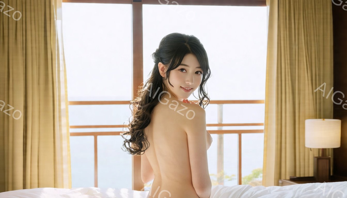 長い巻き髪の女性が背を向け、ベッドに横たわっています。彼女は上半身を裸にしており、わずかに微笑んでいます。背景には、バルコニーからの海の眺めと、暖色系のカーテンとテーブルランプが見えます。