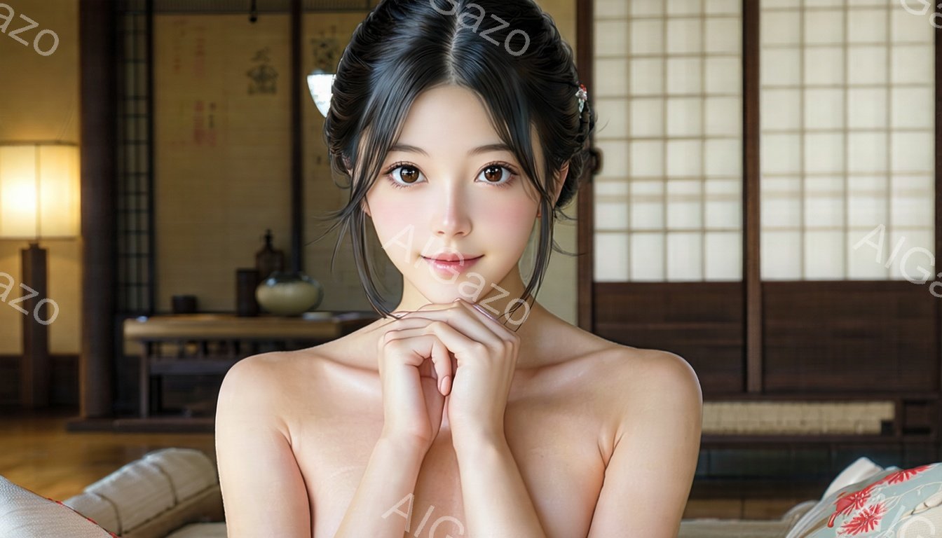 彼女は黒髪を後ろでまとめ、顔には穏やかな微笑みが浮かんでいます。上半身は裸で、両手を重ねて祈るような姿勢を取っています。背景は伝統的な日本の部屋で、障子や畳、花瓶などが置かれており、落ち着いた雰囲気を醸し出しています。