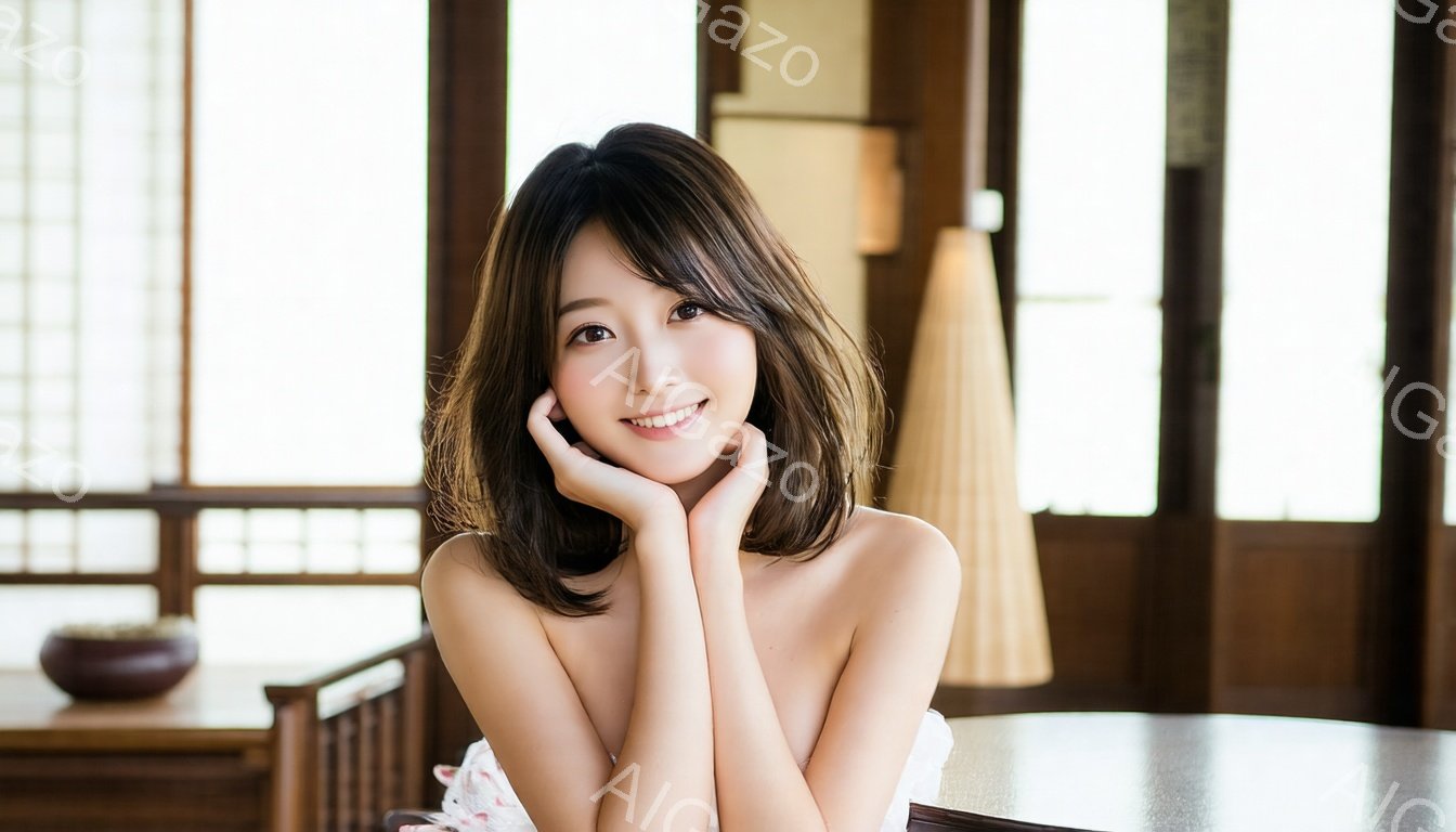 明るい笑顔を浮かべた若い女性が写っている。ショートヘアで、頬に手を添え、白い肩出しのトップスを着ている。背景には木製の柱や家具、そしてぼんやりとした自然光が見え、落ち着いた雰囲気である。