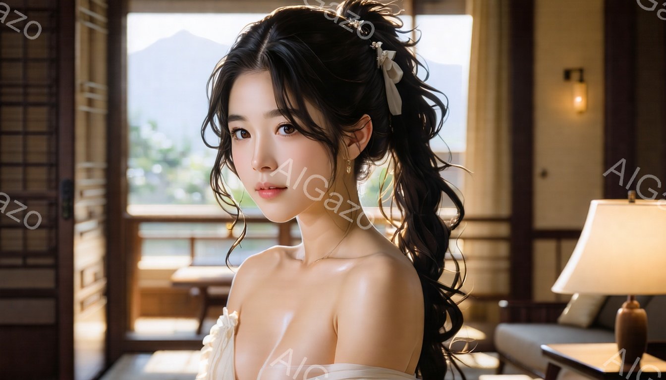 長い黒髪をサイドでまとめ、白いリボンで飾った女性が写っている。オフショルダーの白いドレスを着ており、顔は穏やかで微笑んでいるように見える。背景には木製の建物の内装と、ぼやけた緑の風景が見え、上品で落ち着いた雰囲気を醸し出している。