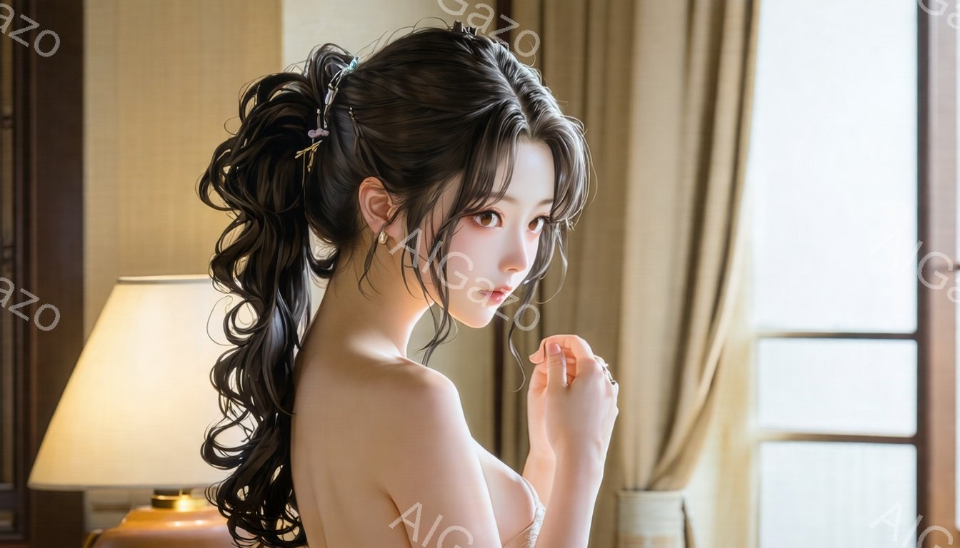 長い黒髪を高く結い上げ、サイドに飾りをつけた女性が描かれています。彼女は薄いドレスを着ており、窓からの自然光が彼女を照らしています。彼女は何かを考え込んでいるかのように、少し憂いを帯びた表情で物思いにふけっています。