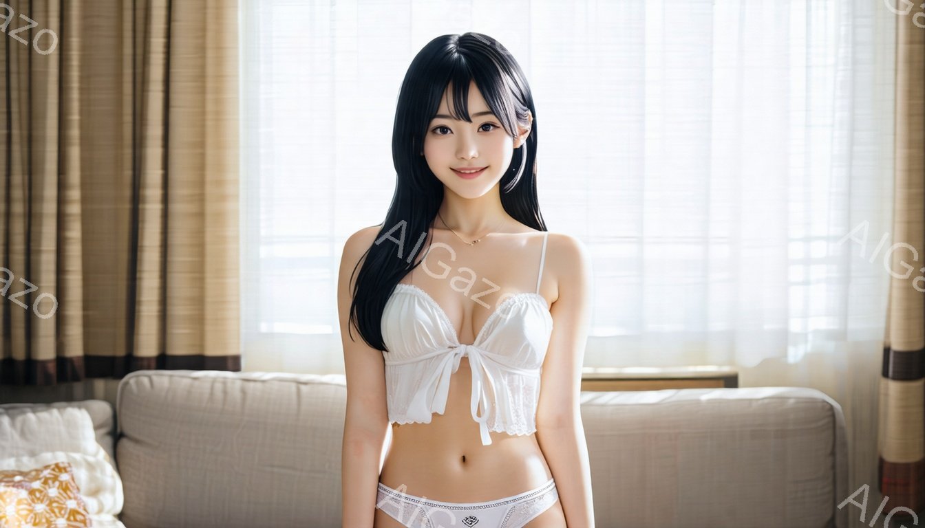 長い黒髪の女性が、白いレースのキャミソールと下着姿で立っています。彼女は微笑んでおり、健康的で引き締まった腹部が露出しています。背景には、窓からの自然光が差し込む明るいリビングルームがあり、ベージュのソファとカーテンが見えます。