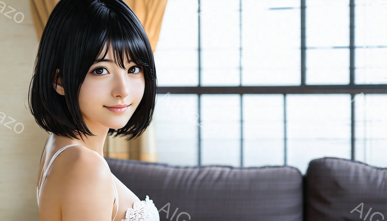 黒髪のボブヘアの女性が、白いレースのキャミソールを着て、カメラに向かって少し振り返っています。彼女は微笑んでおり、明るい茶色のソファに座っているようです。背景には大きな窓があり、光が差し込み、部屋全体 - AI生成フリー素材
