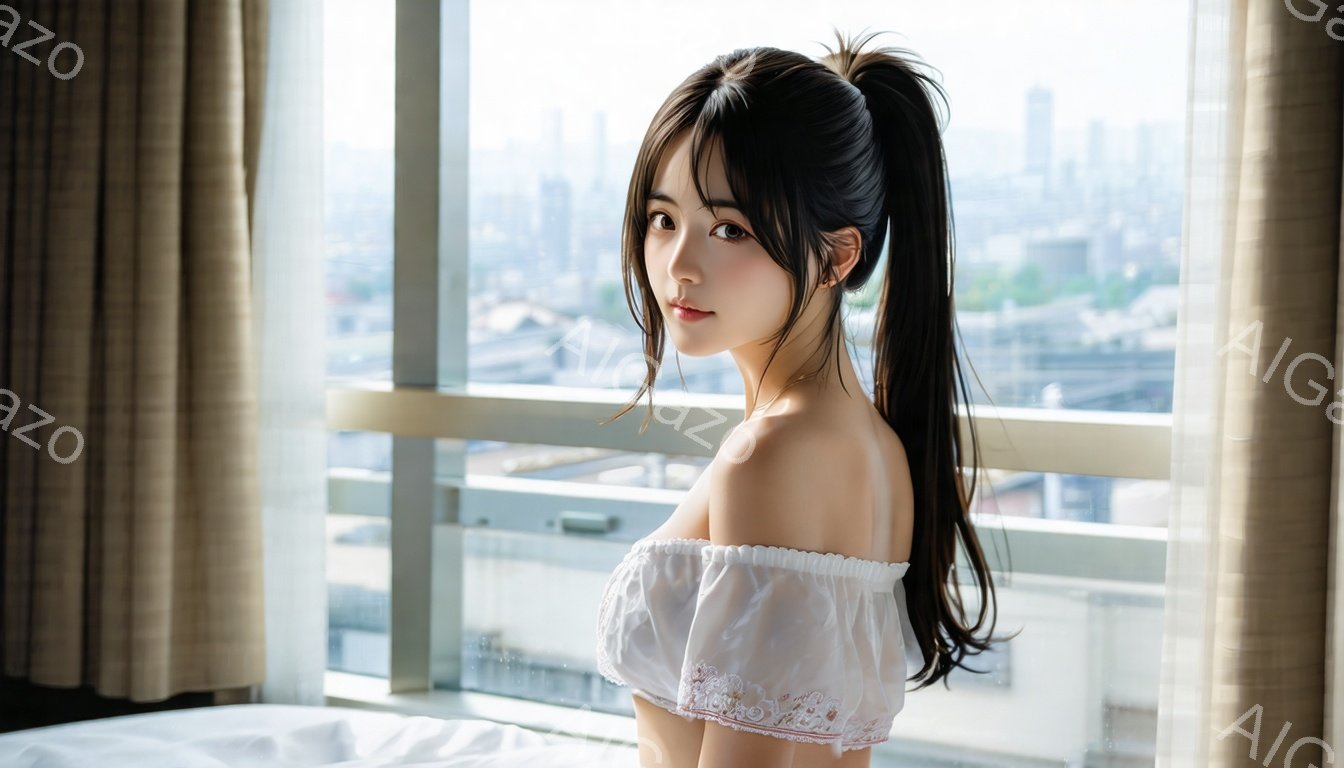 長い黒髪をポニーテールにした若い女性が、白いオフショルダーのトップスを着て、ベッドの上に立っている。彼女はカメラに向かって微笑み、背景には高層ビル群が広がる都市の風景が見える。明るい光が差し込み、優雅 - AI生成フリー素材