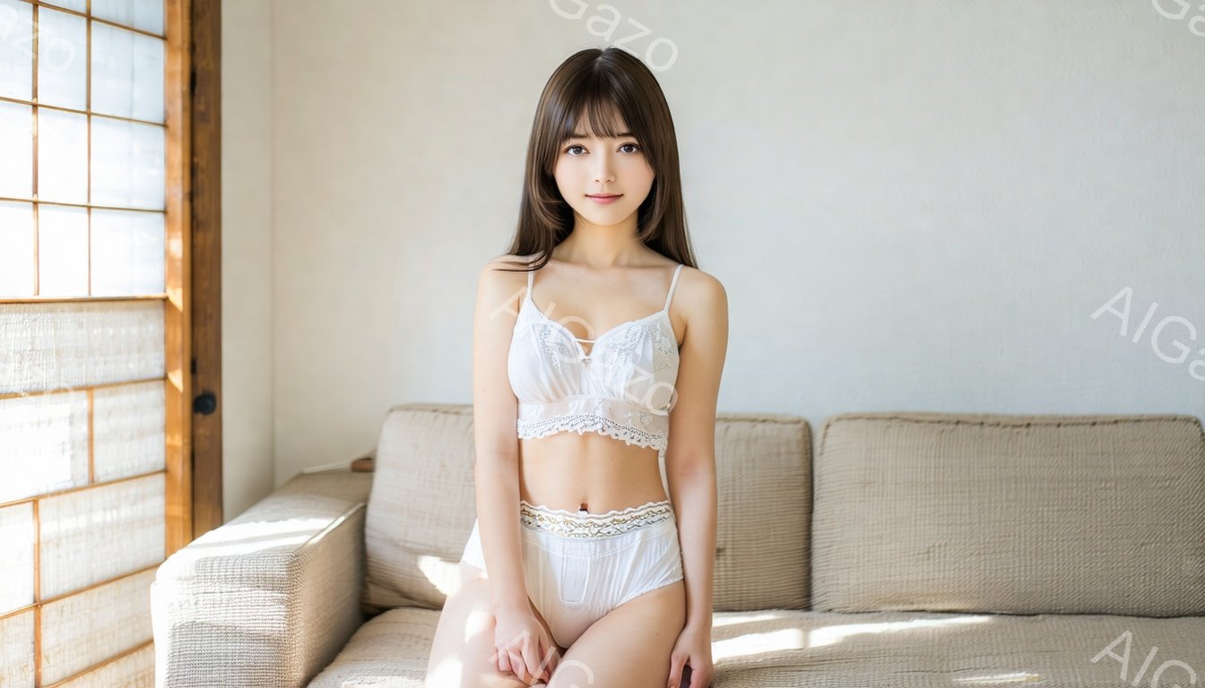若い女性がベージュ色のソファに座っており、白いレースのブラジャーとショーツを身につけている。彼女は長い茶色の髪を耳にかかっており、穏やかな笑顔でこちらを見ている。背景には木製の障子があり、室内には柔ら - AI生成フリー素材