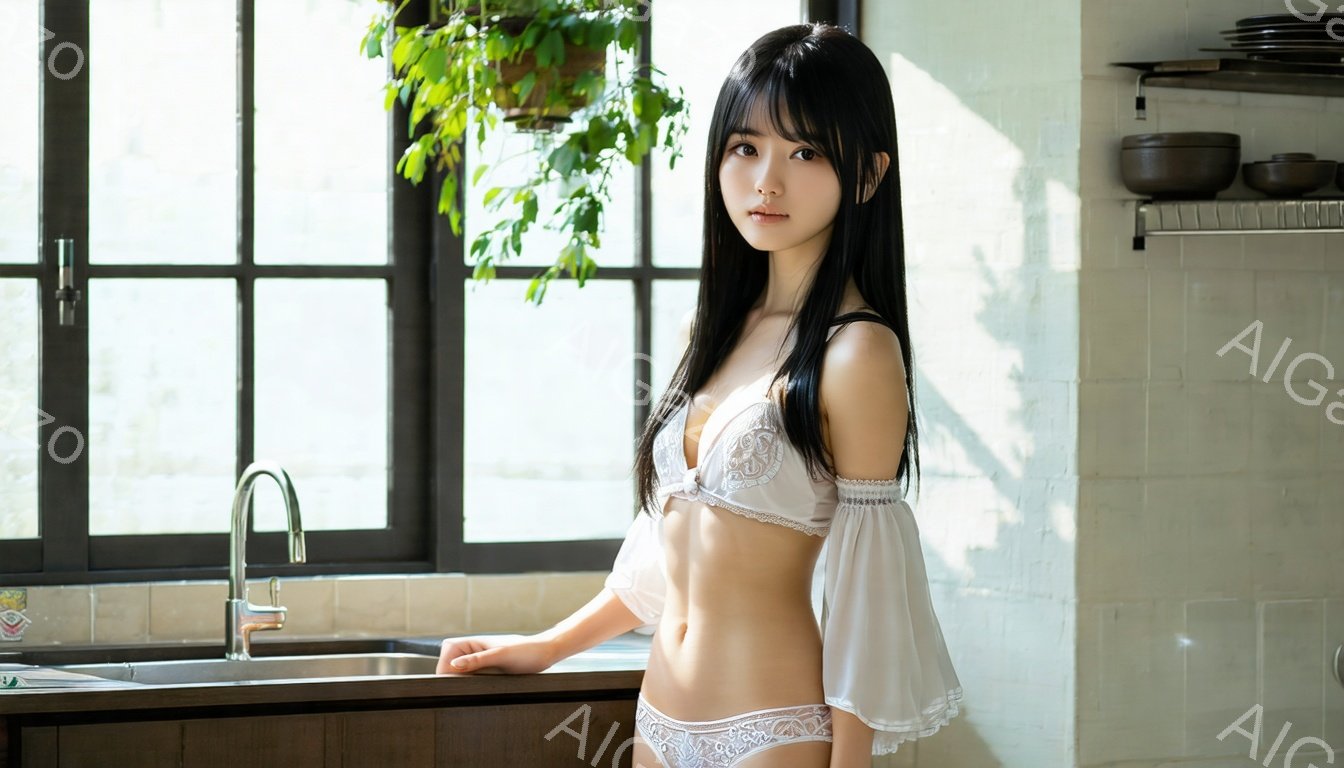 黒髪の女性がキッチンで白いレースのブラとショーツ、そして薄い白いブラウスを着ています。彼女は壁に寄りかかり、少し微笑んでおり、リラックスした雰囲気です。背景には白いタイル張りのキッチン、ステンレス製の - AI生成フリー素材