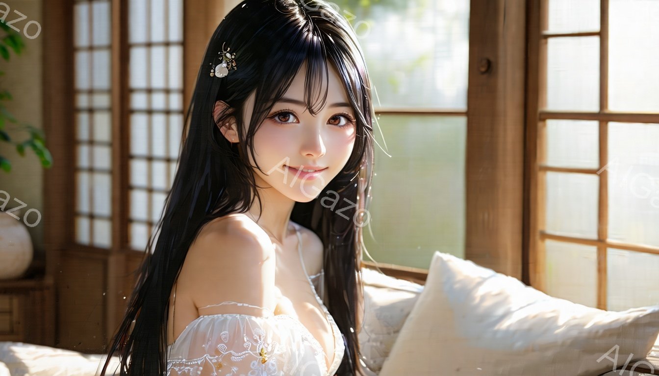 長い黒髪の女性が、オフホワイトの繊細なレースが施されたドレスを着ています。彼女は微笑み、髪には小さな飾りを付けています。背景には木製の格子窓と、柔らかな光が差し込む寝室の雰囲気が広がっており、穏やかで優雅な印象を与えます。