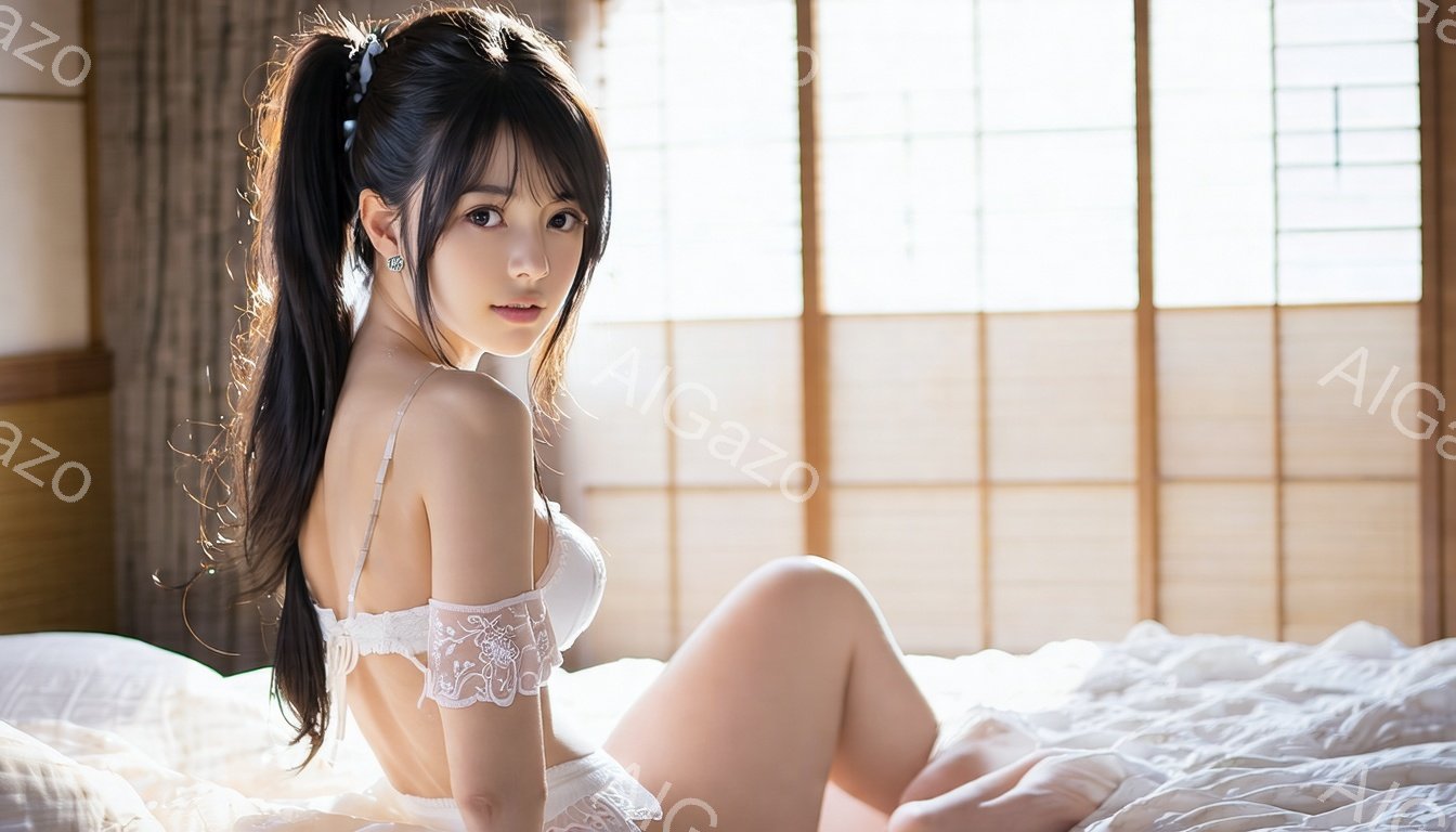 黒髪をポニーテールにした若い女性が、白いレースのブラとショーツ姿でベッドに座っています。彼女はカメラに向かって振り返っており、少し微笑んだ表情で、魅力的な視線を送っています。背景には、畳と障子で構成された日本の伝統的な部屋がぼんやりと見え、柔らかな光が差し込んでいます。
