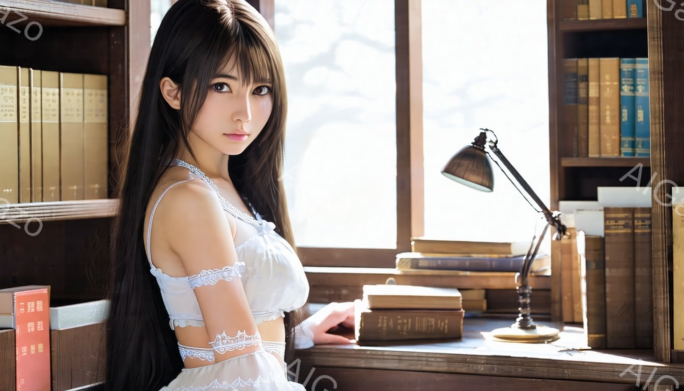 長い黒髪を肩にかけている若い女性が、白いレースのブラウスとドレスを着ています。彼女は少し微笑んでおり、落ち着いた表情をしています。背後には本棚があり、アンティークなデスクの上に置かれた本と、デスクライトが暖かく落ち着いた雰囲気を醸し出しています。