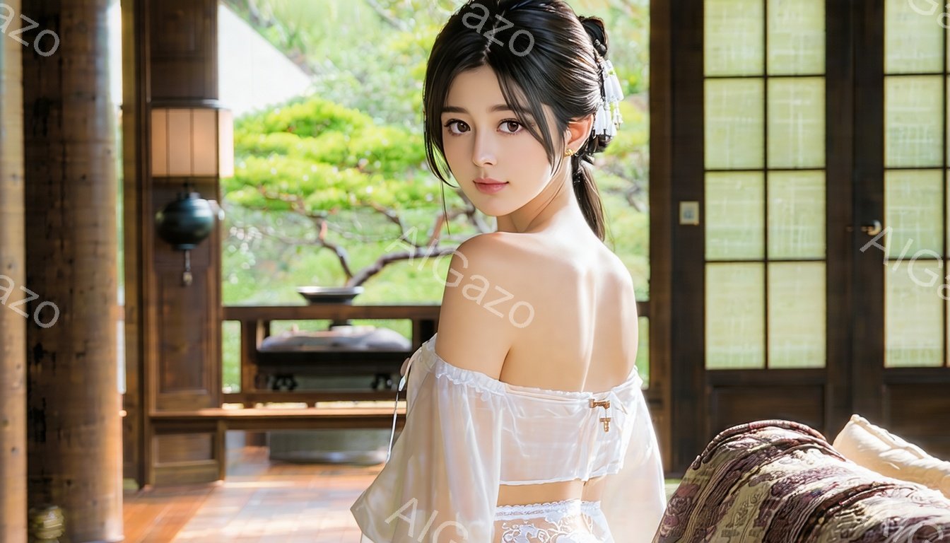 画像は、肩を露出した白いオフショルダーのドレスを着た若い女性が写っています。彼女は髪を後ろでまとめ、髪飾りをつけており、少し微笑んだ表情でこちらを見ています。背景には、庭園が見える木製の障子と柱があり、落ち着いた雰囲気の室内空間が広がっています。