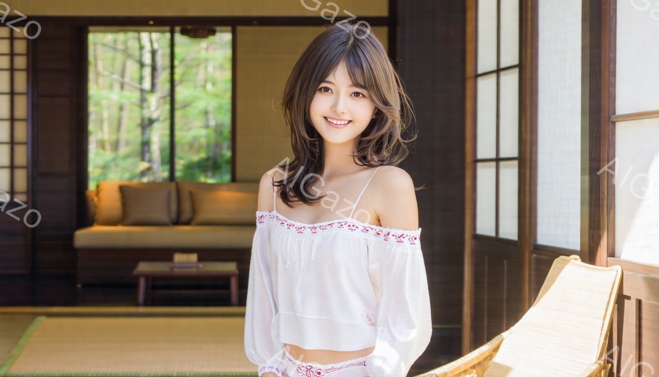 若い女性がオフショルダーの白いブラウスと花柄のショートパンツを身に着けて微笑んでいます。彼女は少し髪をかき上げ、自然な笑顔を浮かべています。背景には畳敷きの部屋と緑豊かな庭があり、和やかな雰囲気が漂っています。