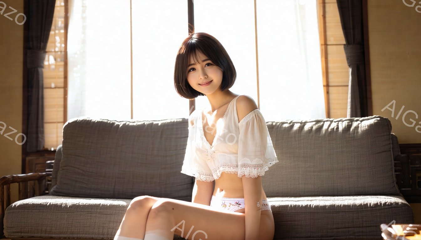 短い茶色の髪をした若い女性が、灰色のソファーに座ってこちらを見ている。白いレースのブラウスとピンク色の花柄のショーツを身に着けており、脚には白いソックスを履いている。背景には木製の家具と窓からの光が差し込んでおり、全体的に柔らかく明るい雰囲気である。