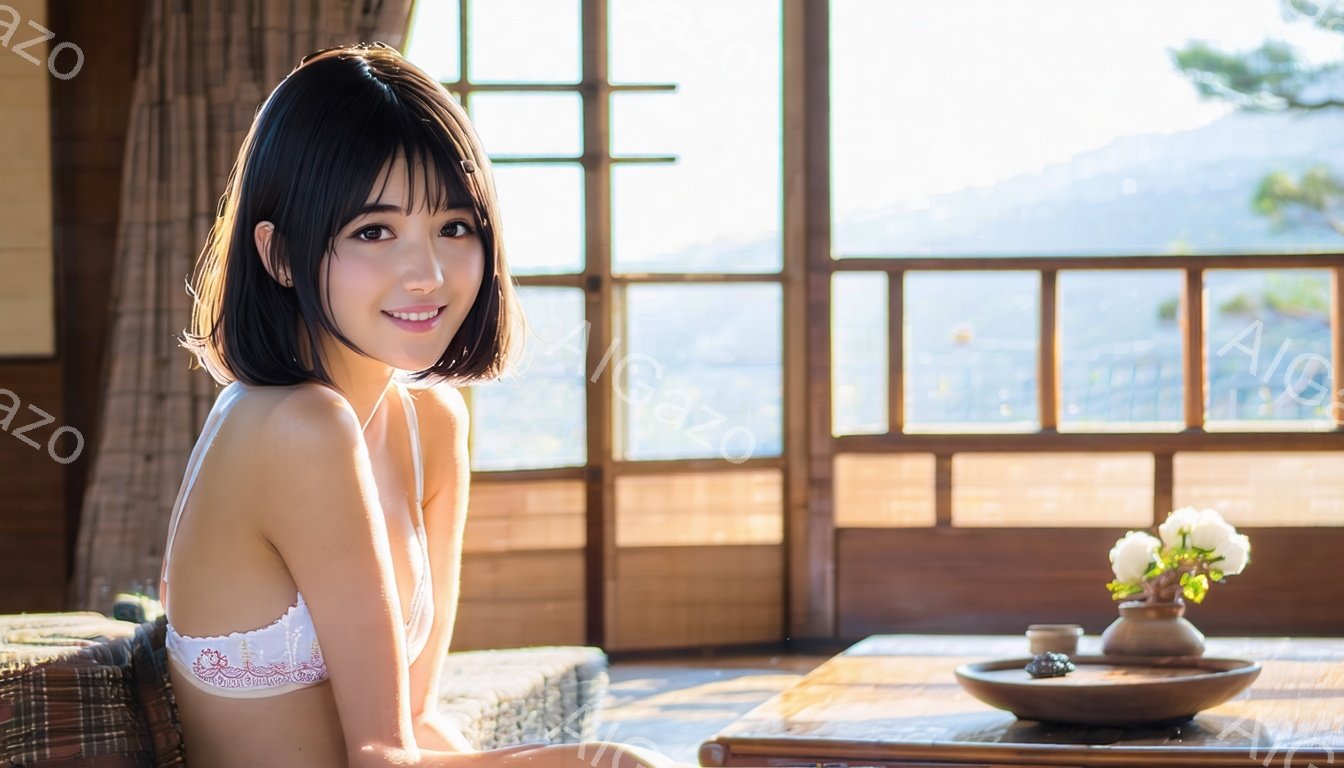 短い黒髪の女性が、白いレースのブラトップを着て椅子に座り、カメラの方を見て微笑んでいます。背景には竹格子窓と、霞んだ山々の景色が見え、明るい日差しが差し込んでいます。和室の落ち着いた雰囲気と、女性の柔らかな表情が相まって、穏やかで優しい印象を与えます。