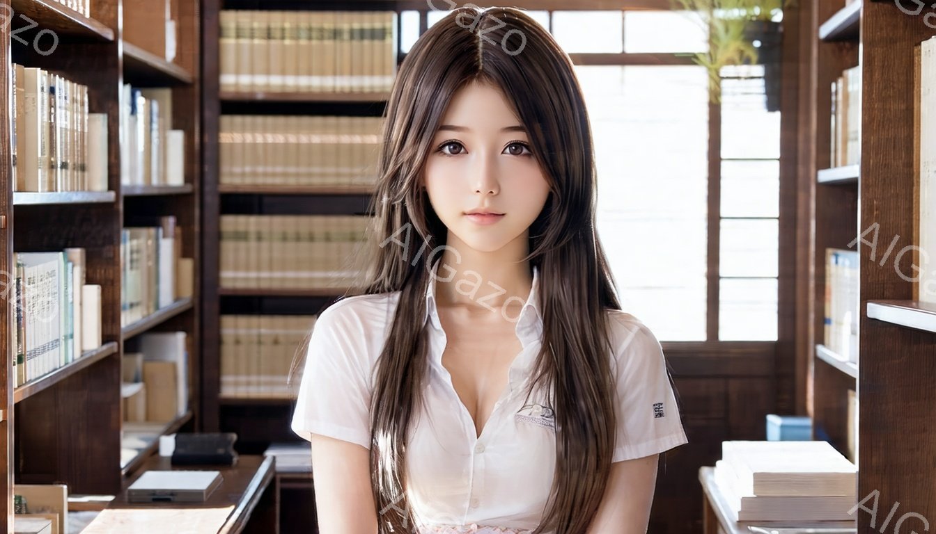 長い黒髪をストレートに伸ばした若い女性が、白いシャツを着て立っている。彼女は少し微笑んでおり、視線は穏やかで、図書館のような書架に囲まれた空間にいる。書架には古書がぎっしりと並び、落ち着いた雰囲気を作り出している。