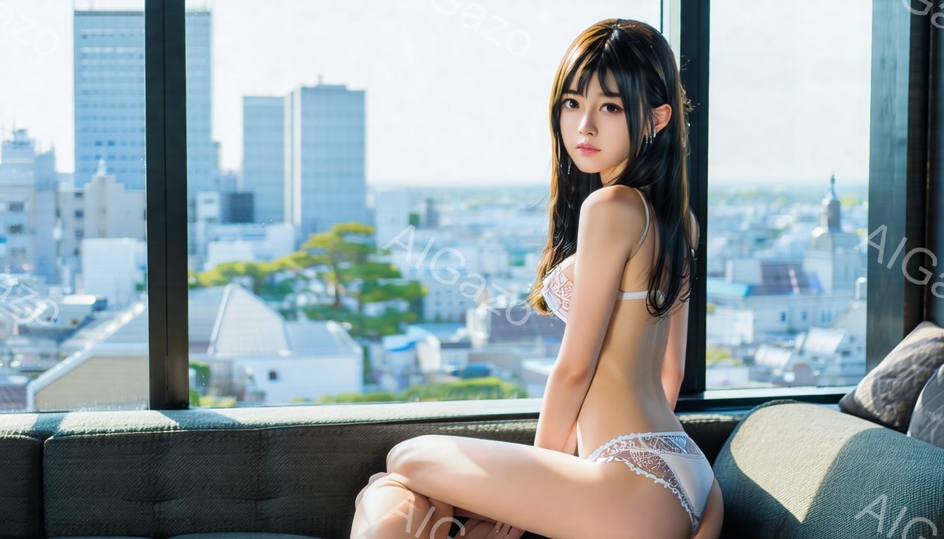 黒髪のロングヘアを肩から垂らし、レースのブラとショーツ姿の女性が、高層ビルの窓辺に座っています。彼女は少し振り返り、カメラを見つめており、穏やかな表情を浮かべています。背景には、晴れた空の下、高層ビル群が広がる都市の風景が広がっています。