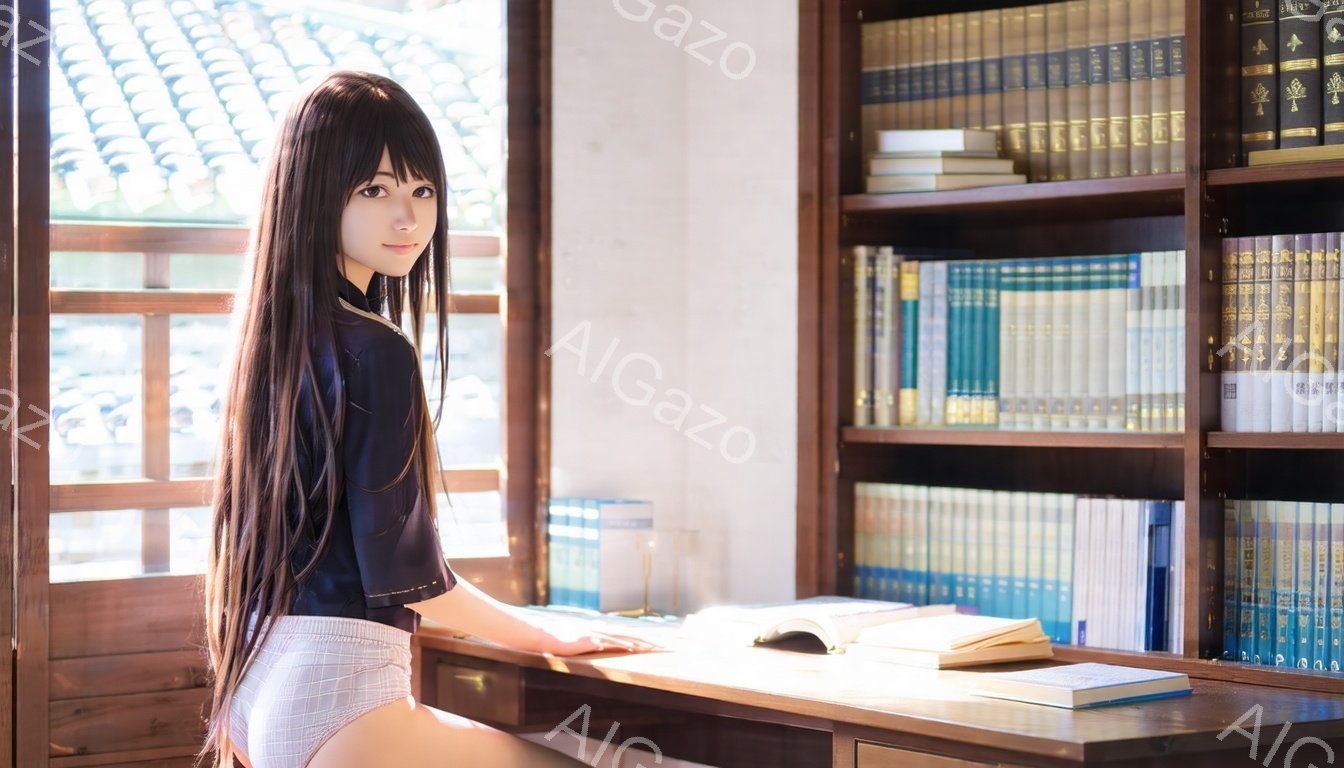 長い黒髪の女性が、窓際に置かれた机の前でポーズをとっています。彼女はダークブルーのトップスと白いスカートを身につけ、少し微笑んでいます。背景には、たくさんの本が並んだ本棚があり、窓から差し込む光が暖かく、落ち着いた雰囲気を作り出しています。