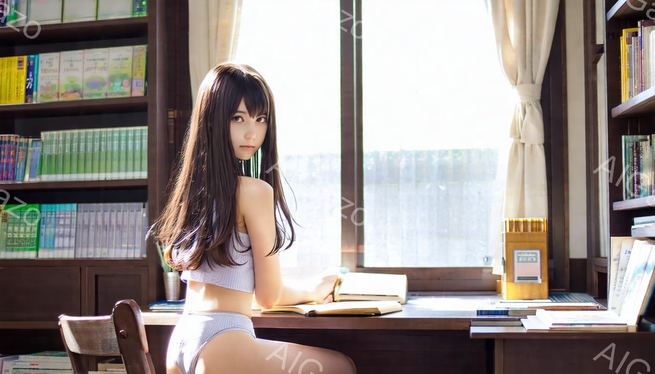 長い茶色の髪をした若い女性が、本棚の前に置かれた机に座っています。彼女は薄紫色の上下セットのパジャマのようなものを着ており、少し微笑んでいます。窓から差し込む光が彼女を照らし、背景の本棚と窓の外のぼやけた景色が、落ち着いた学習スペースの雰囲気を醸し出しています。