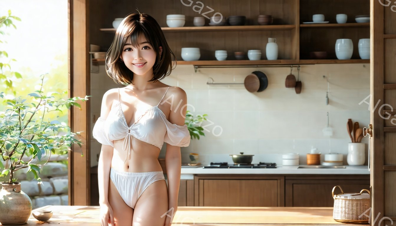 明るいキッチンを背景に、茶髪の女性が白いキャミソールとショーツ姿で立っている。彼女は微笑んでおり、リラックスした姿勢でカメラを見ている。背景には白いタイル張りの壁と木製のキャビネットがあり、自然光が差 - AI生成フリー素材