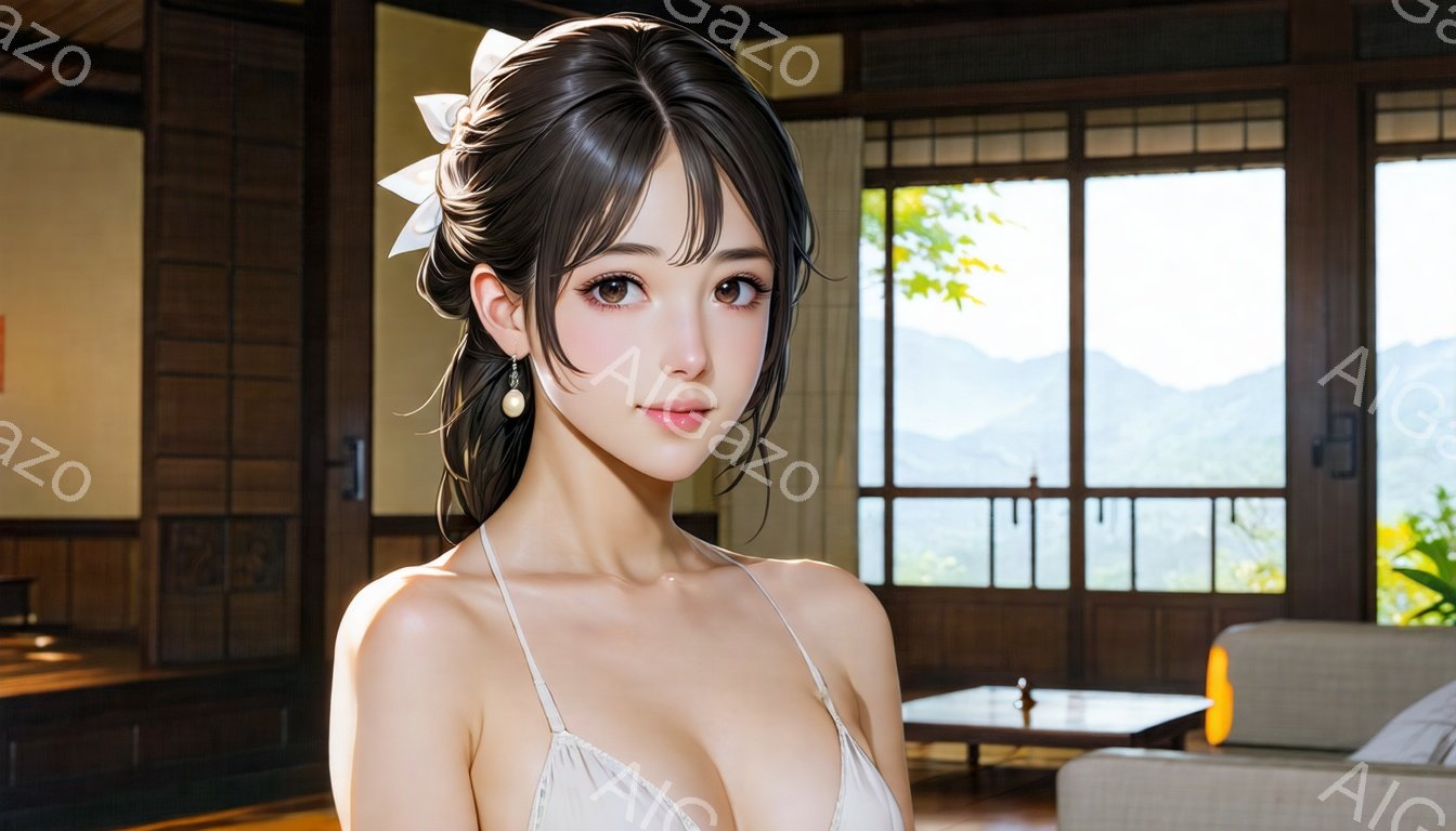 黒髪で、前髪が眉毛にかかるようにカットされた女性が写っています。白いキャミソールワンピースを着ており、首には真珠のネックレス、髪には白いリボンをつけています。背景には大きな窓と、緑豊かな山々が広がっており、明るく穏やかな雰囲気が漂っています。