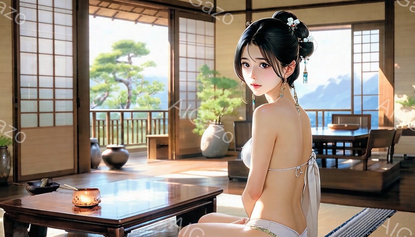 黒髪を高く結い上げ、かんざしをあしらった女性が描かれています。白い肩出しの着物を着て、正座で低いテーブルを前にしています。背景には障子窓と木製のバルコニーがあり、緑豊かな自然と穏やかな海が望めます。