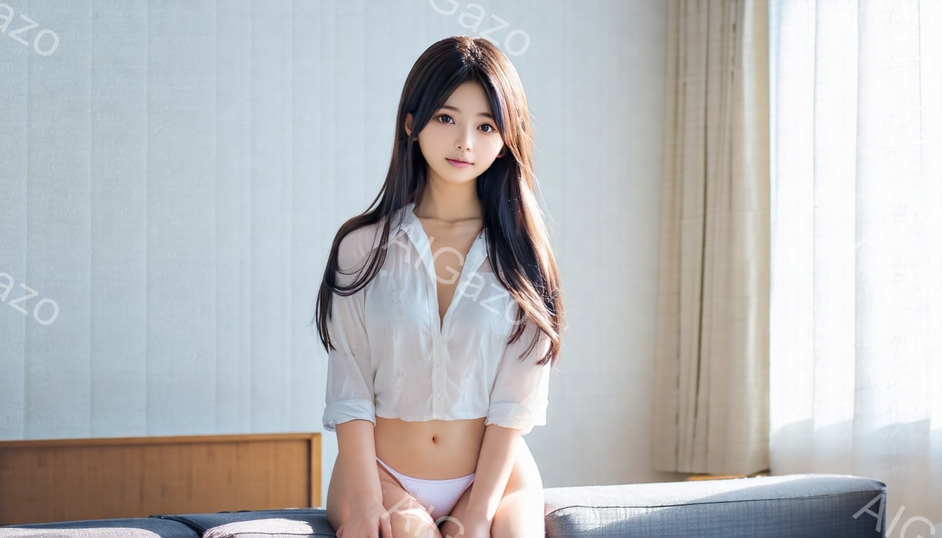 長い黒髪をセンターパートにした若い女性が、白いシースルーのシャツと白い下着姿で座っています。彼女は穏やかな表情でカメラを見つめ、リラックスした姿勢を見せています。背景にはベージュのカーテンと木製の家具 - AI生成フリー素材