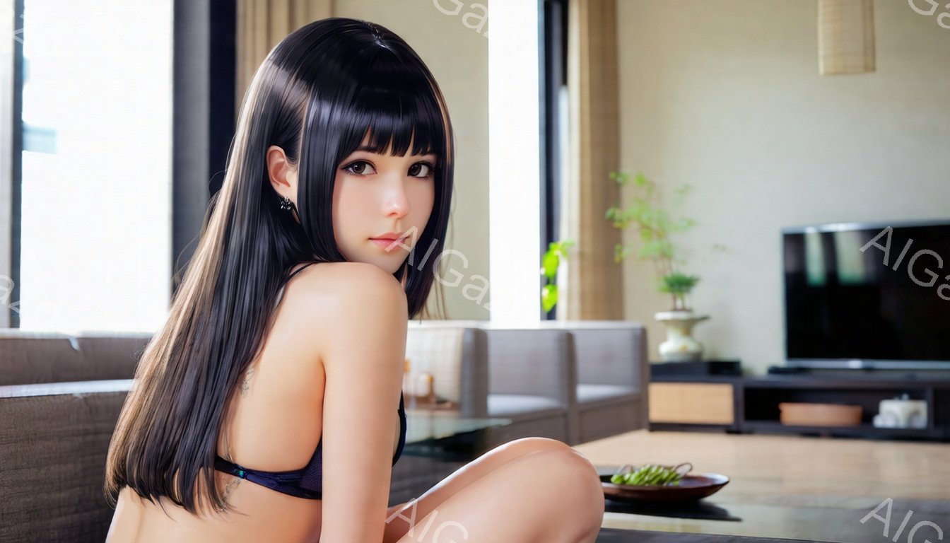 長い黒髪を後ろに垂らし、前髪は眉毛にかかるように切り揃えられた女性が写っている。彼女は薄い青色のレースのブラレットと下着を身に着け、膝を曲げて床に座り、こちらを見つめている。背景には、モダンなリビングルームのソファやテレビ、観葉植物が見え、全体的に落ち着いた雰囲気である。