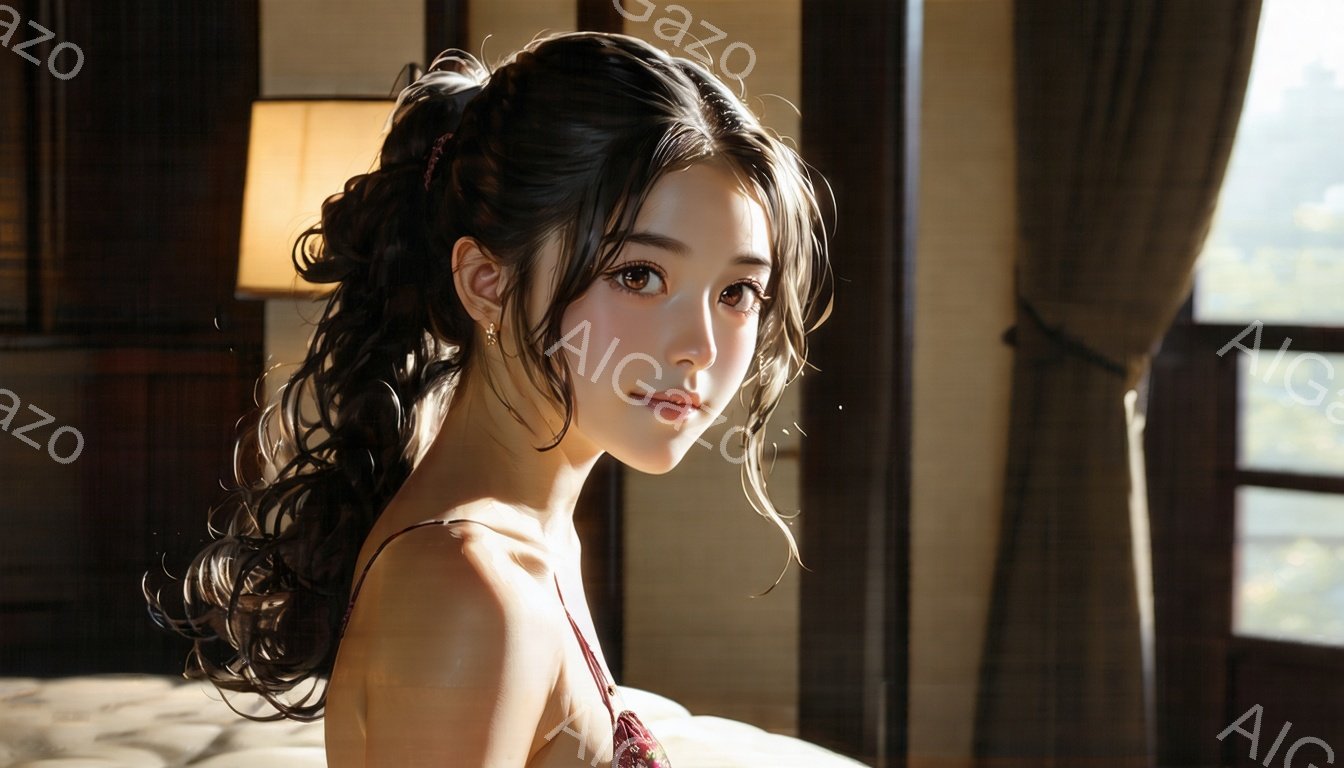 長い黒髪を無造作にまとめ、肩から露わになった肌が印象的な女性が写っている。彼女は少し微笑み、正面を向いて穏やかな表情を浮かべており、着ている服は肩紐のみの薄手のドレスのようだ。背景には窓から差し込む光 - AI生成フリー素材