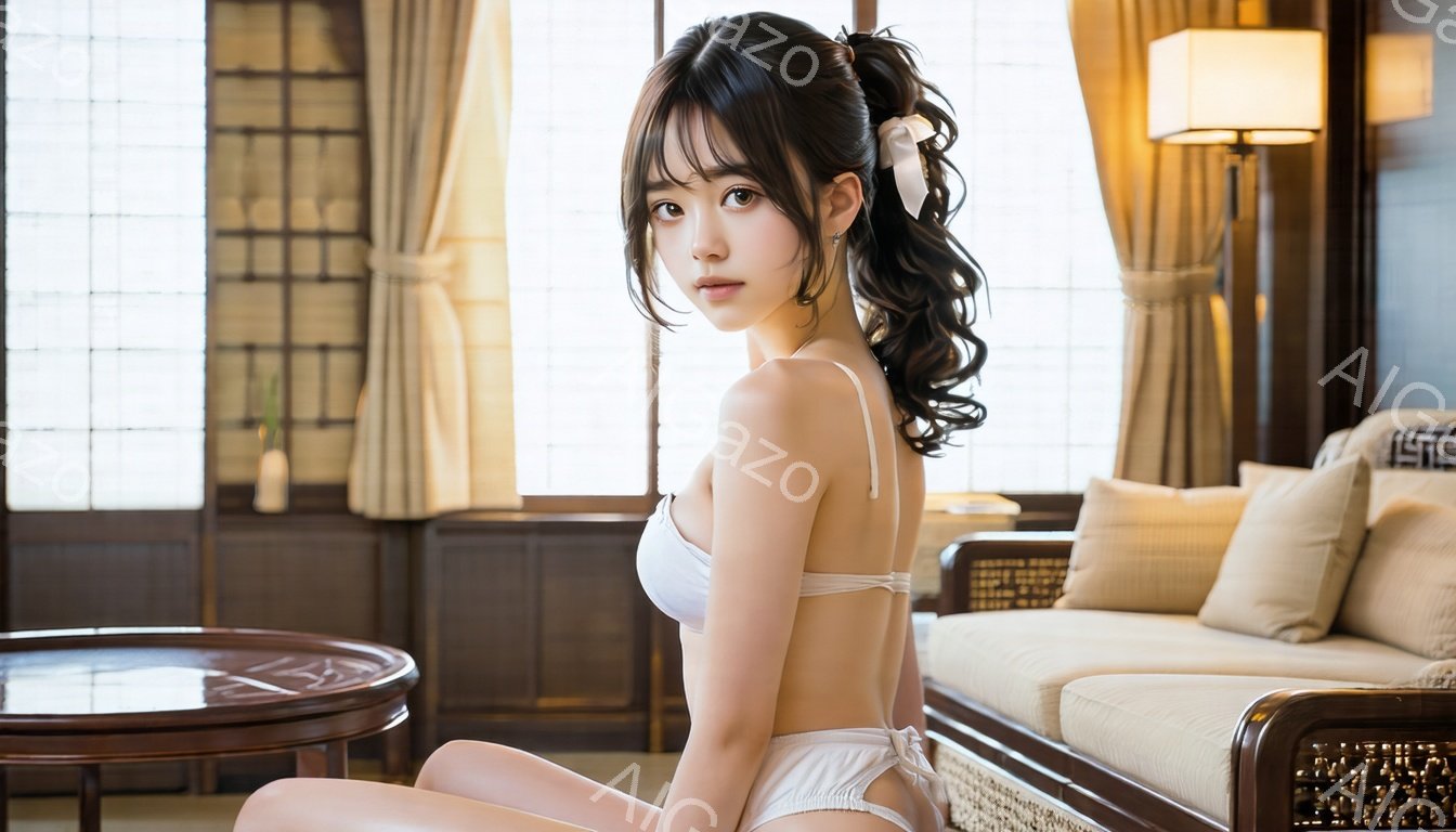 黒髪を後ろで高い位置で結び、白いリボンで飾った女性が写っている。白いブラトップとショーツ姿で、やや横を向いて物憂げな表情で座っている。背景には畳と障子、クリーム色のソファと木製のテーブルがあり、柔らかな光が差し込む和室のような空間が広がっている。