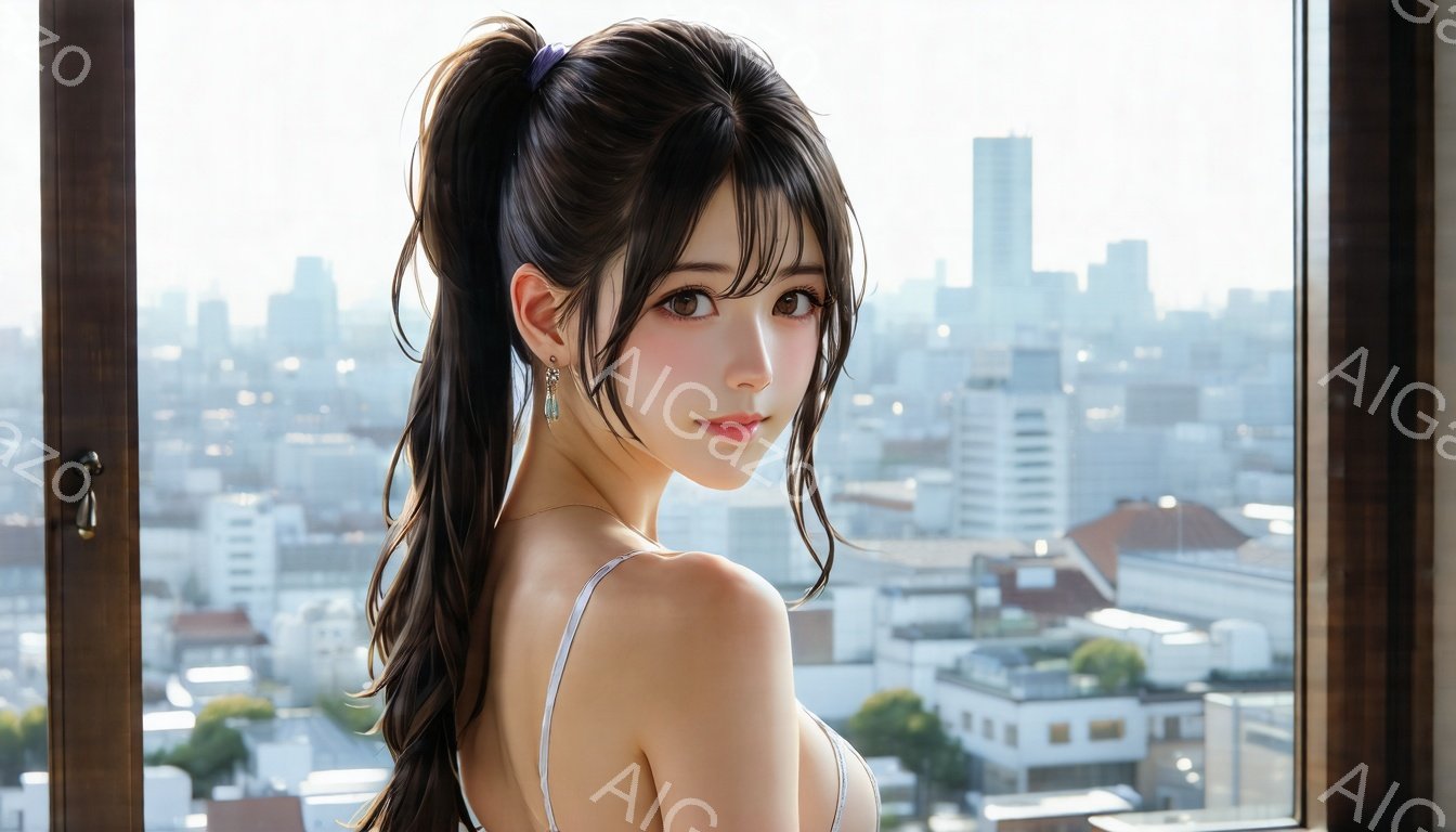 長い黒髪をハーフアップにし、肩から後ろにかけて流している女性が写っている。白いキャミソールを着ており、背景には高層ビル群が広がる都市の風景が広がっている。彼女はカメラ目線で微笑んでおり、優しく魅力的な雰囲気を醸し出している。