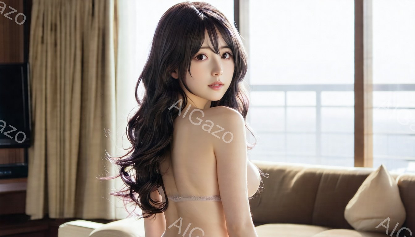 長い黒髪を肩から後ろに流し、背中を大胆に見せたデザインのトップスを着用した若い女性が描かれています。彼女はカメラの方を振り返り、少し微笑んでいます。背景にはベージュ色のソファ、カーテン、そして窓の外にはぼやけた都市の風景が見えます。