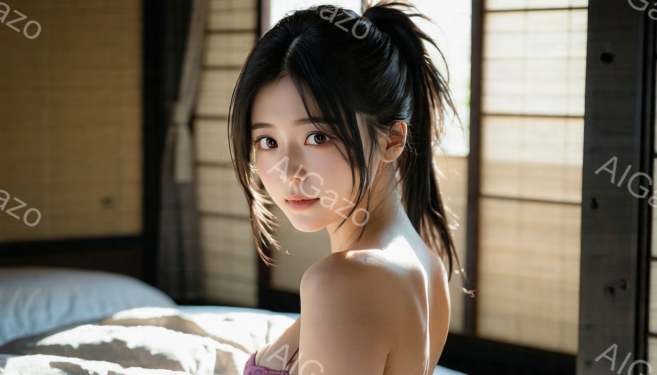 黒髪を高く結んだ女性が、肩を少しさらした薄紫色のキャミソールを着ています。彼女はカメラ目線で、少し微笑んでいるような、穏やかな表情を浮かべています。背景には、障子窓から差し込む光が暖かく、畳の部屋の一角がうっすらと見え、全体的に落ち着いた雰囲気を醸し出しています。