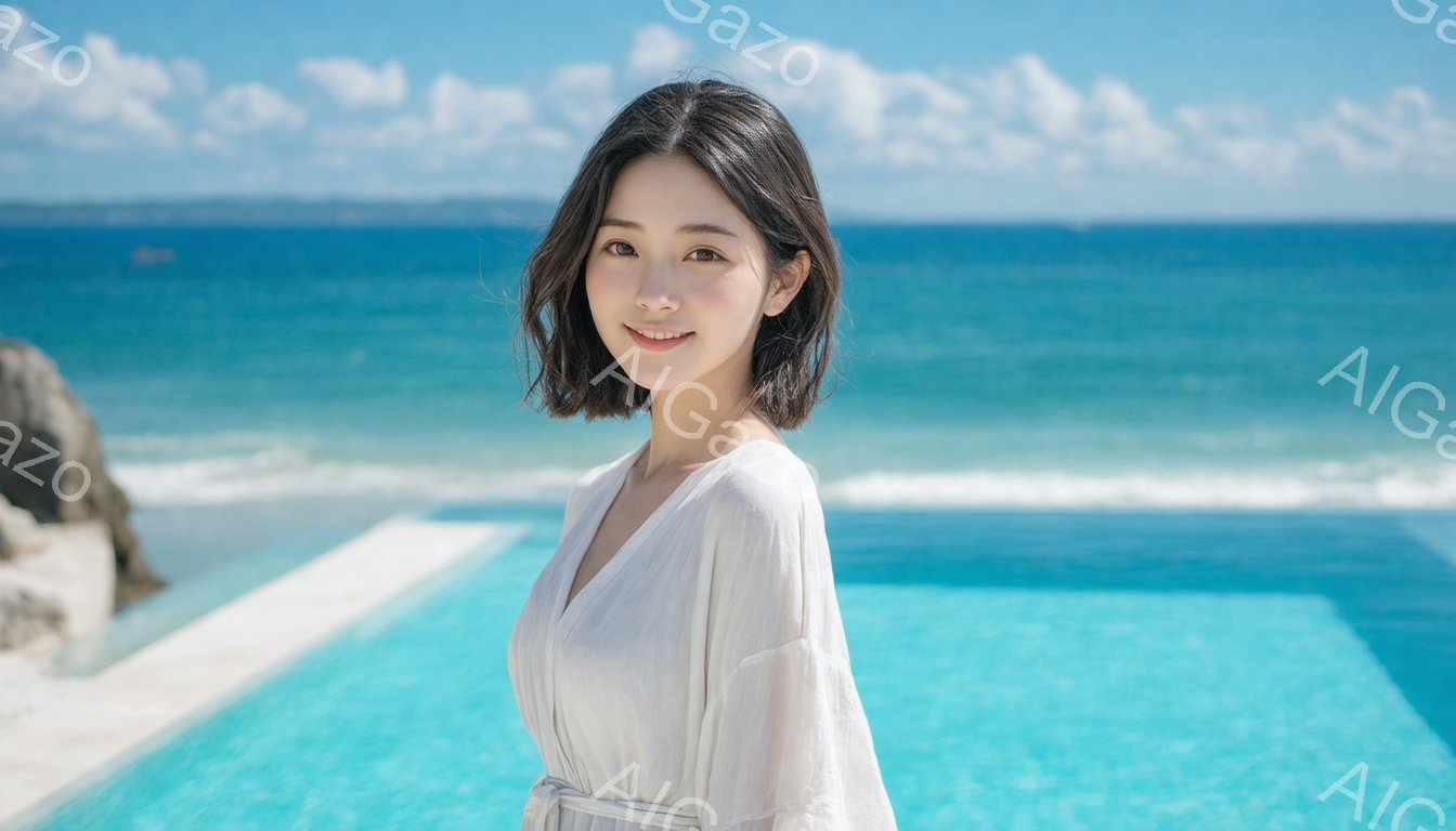 長い黒髪を肩のあたりでカットした女性が、白いゆったりとしたワンピースを着て微笑んでいます。彼女はプールサイドに立ち、ターコイズブルーのプールと背景の青い海が美しいコントラストを作っています。晴れた空と - AI生成フリー素材